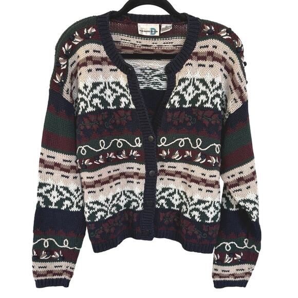 Vintage Fisherman Grandpa Navy Maroon Cardigan Sweater Scandi Cabin Aspen Medium - Picture 1 of 7